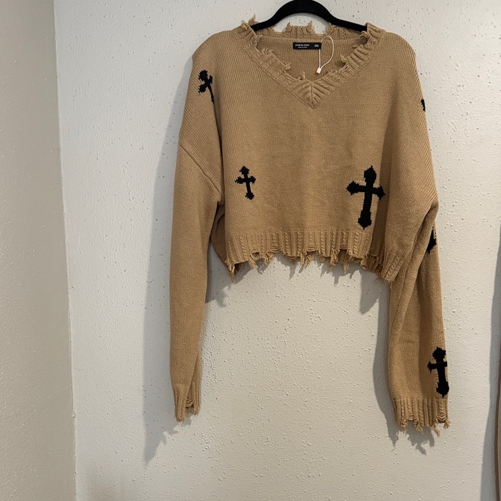 Tan Distressed Sweater with Black Crosses